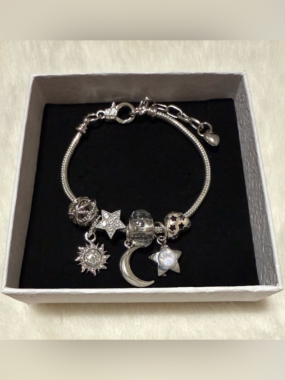 Stainless Steel Silver Moon & Star Charm Bracelet - Silver